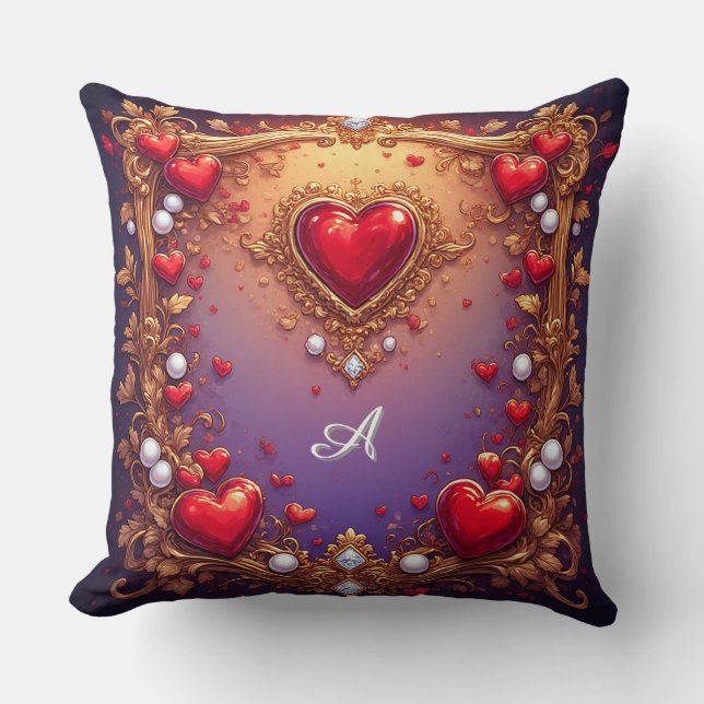 Coussin Cœurs rouges ornés d'or et de perles (Recto)