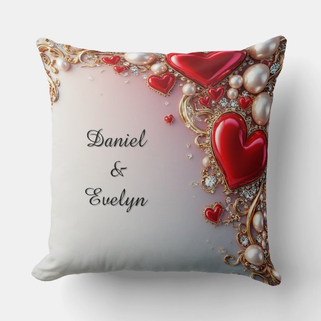 Coussin Cœurs rouges ornés d'or et de perles (Recto)