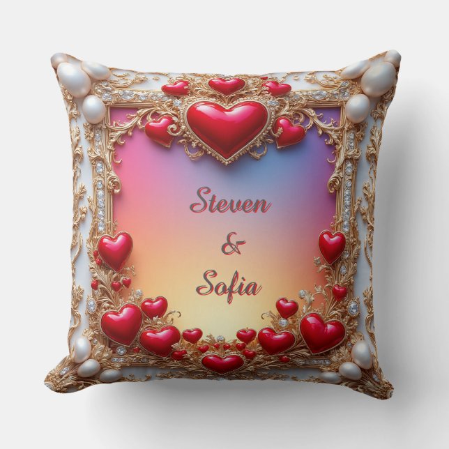 Coussin Cœurs rouges ornés d'or et de perles (Recto)