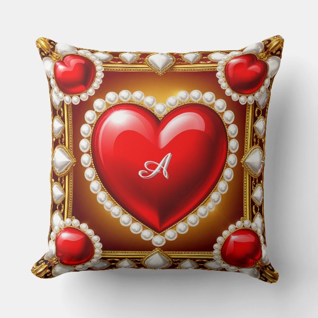 Coussin Cœurs rouges ornés d'or et de perles (Recto)