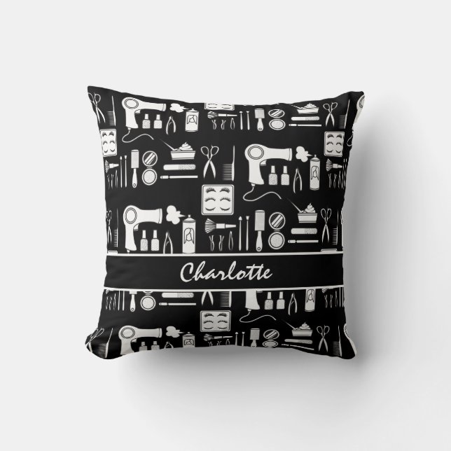 Coussin Coiffeuse Styliste Beauté Salon Noir Blanc Motif (Recto)
