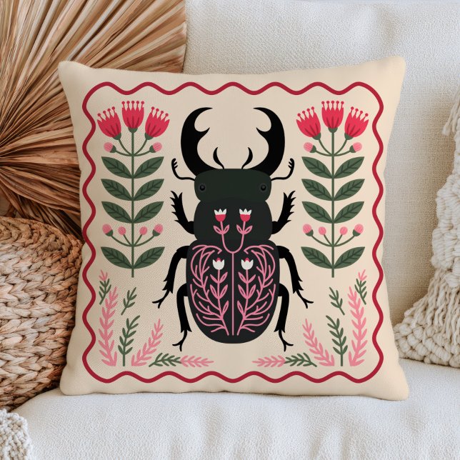 Coussin Coléoptère d'art populaire printanier Floral Cotta (Créateur téléchargé)