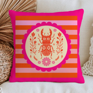 Coussin Coléoptère floral à motif rayé rose et orange