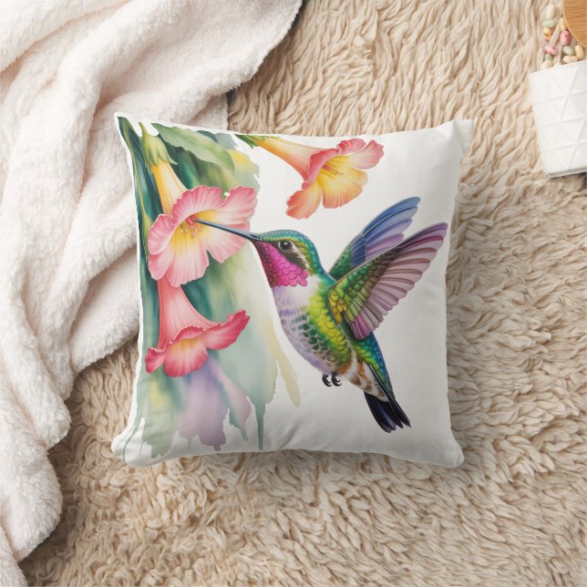 Coussin Colibri à l'aquarelle avec fleurs (Couverture)