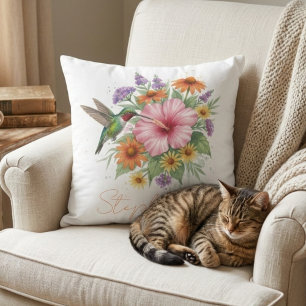Coussin Colibri à l'aquarelle – Cadeau floral pour maman