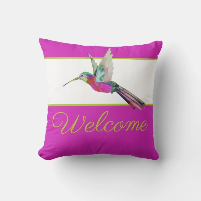 Coussin Colibri à script doré Aquarelle Rose Bienvenue (Recto)