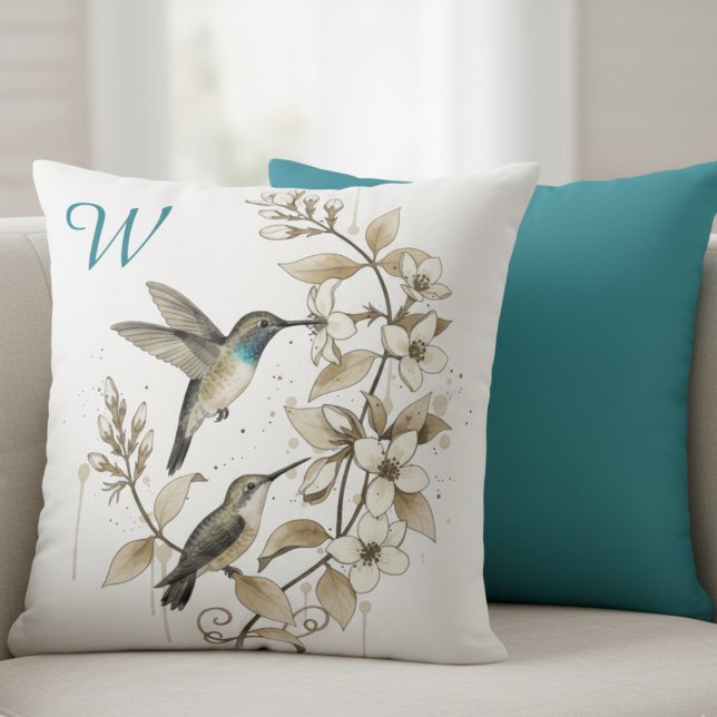 Coussin Colibri Aquarelle Botanique Sarcelle (Hummingbird monogram decorative pillow)