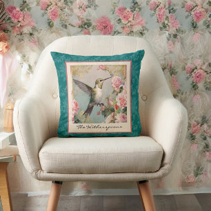 Coussin Colibri avec fleurs sur monogramme Damas Turquoise