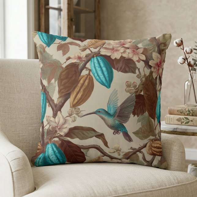 Coussin Colibri Cacao Turquoise Botanique Vintage (Créateur téléchargé)
