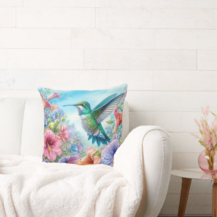 Coussin Colibri Coloré Et Fleurs