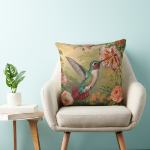 Coussin Colibri Coloré Et Fleurs