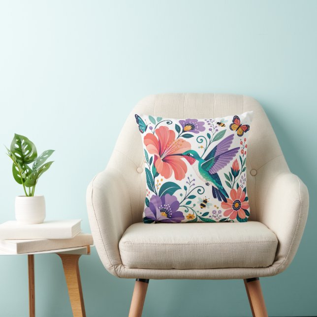Coussin Colibri dans un jardin fleuri en fleurs (Chaise)