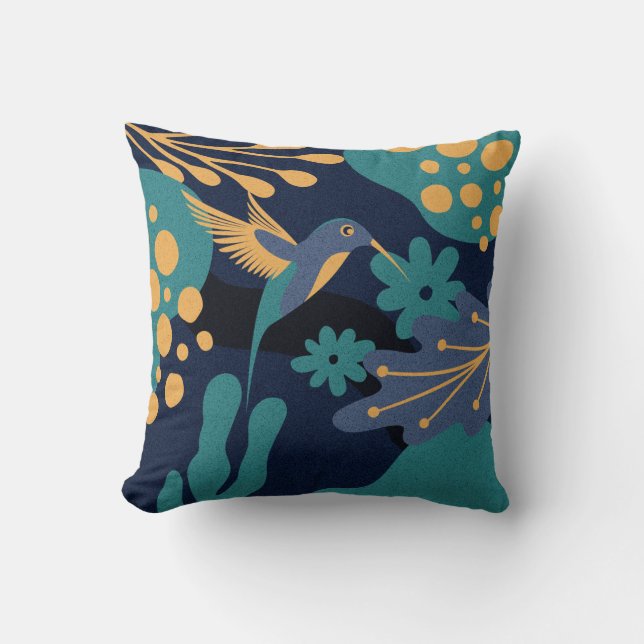 Coussin Colibri d'or vintage, bleu et turquoise (Recto)