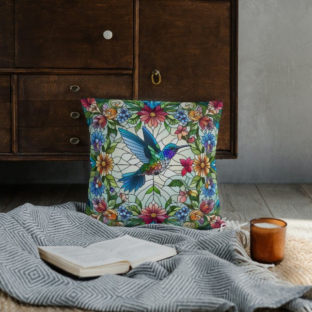 Coussin Colibri élégant avec effet de vitrail (Créateur téléchargé)