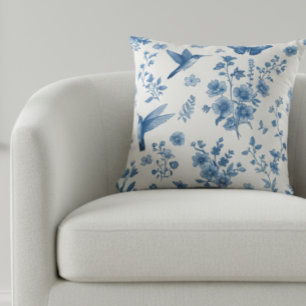 Coussin Colibri élégant floral bleu toile 