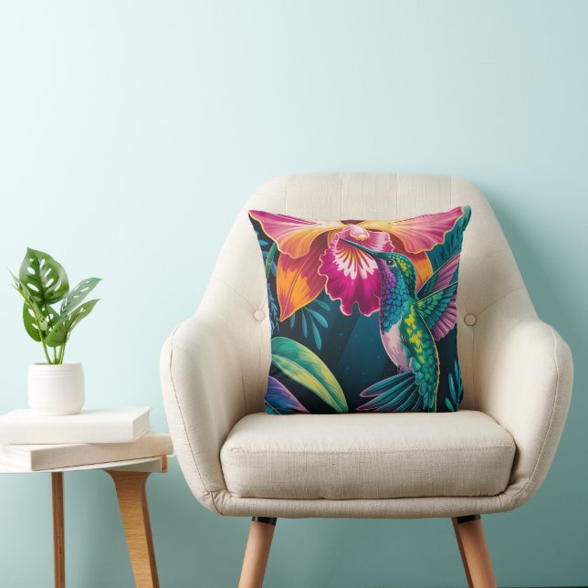 Coussin Colibri et orchidée tropicaux vibrants (Chaise)