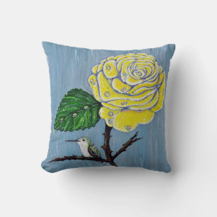 Coussin Colibri et Rose dans la peinture de pluie
