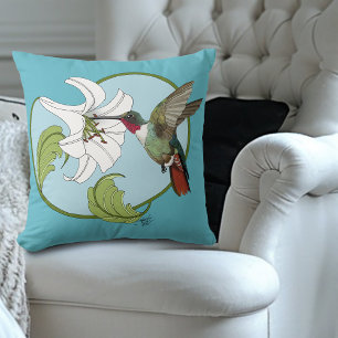 Coussin Colibri Lily Bleu Art Nouveau