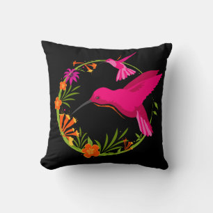Coussin Colibri rose sur Black Tropical