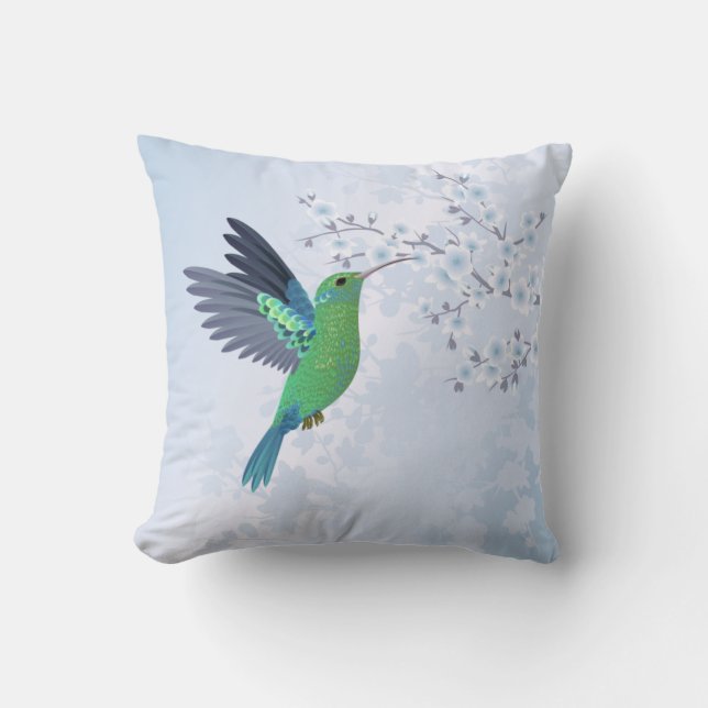 Coussin Colibri Vert Avec Fleur De Cerisier Bleu (Recto)