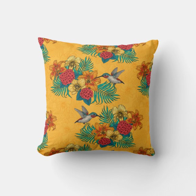 Coussin Colibris et bouquet tropical en jaune (Recto)