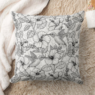 Coussin Colibris et fleurs d'hibiscus b&w