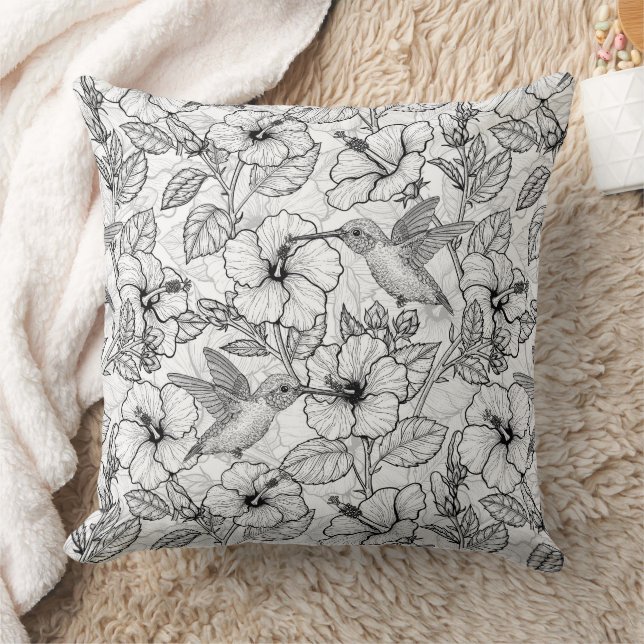 Coussin Colibris et fleurs d'hibiscus b&w (Couverture)