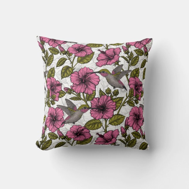 Coussin Colibris et fleurs d'hibiscus roses (Recto)