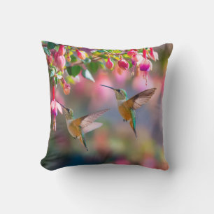 Coussin Colibris Fleurs de Fuchsia Reflet Iridescent