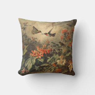 Coussin Colibris vintage et floraisons tropicales vibrante