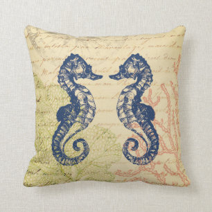 Coussin Collage bleu d'hippocampes de bord de la mer
