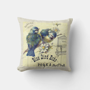 Coussin Collage bleu vintage de cage à oiseaux d'oiseau