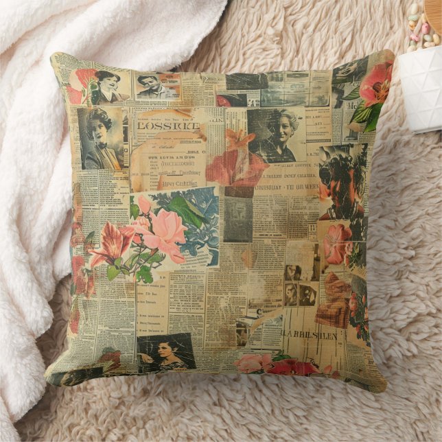 Coussin Collage Botanique de Journal Orchidée Portrait Rét (Couverture)