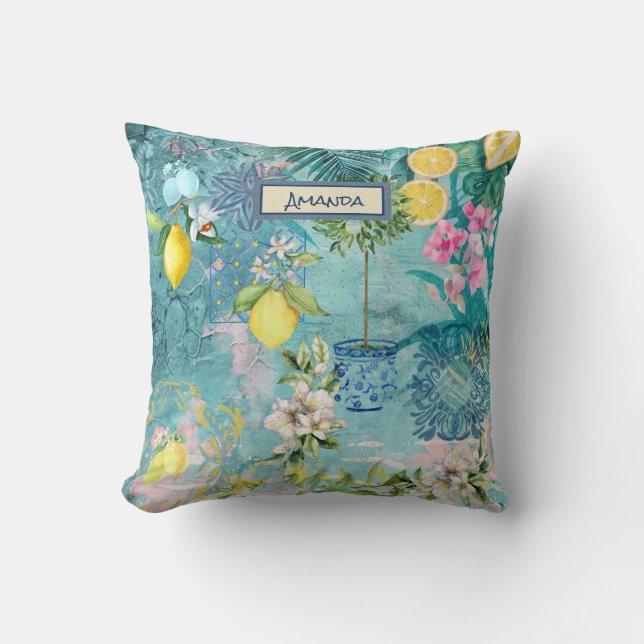 Coussin Collage chic bleu turquoise sicilien floral citriq (Recto)