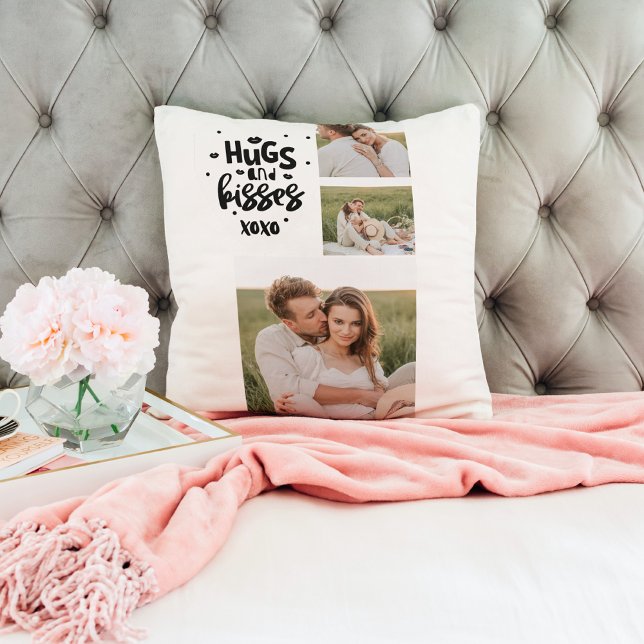 Coussin Collage Couple Photo & Hugs Et Baisers Phrase Love (Créateur téléchargé)