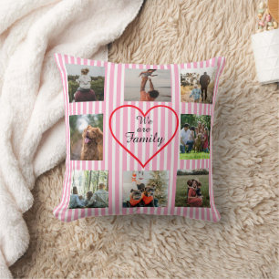 Coussin Collage de 8 photos rayé rose Nous sommes une fami