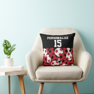 Coussin Collage de balle de football rouge foncé   Nom et 
