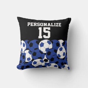 Coussin Collage de balle de soccer bleu foncé   Nom et num