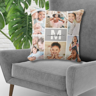 Coussin Collage de famille personnalisé avec monogramme et