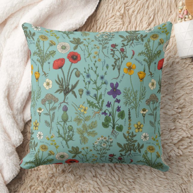 Coussin Collage de fleurs sauvages sur fond bleu (Couverture)