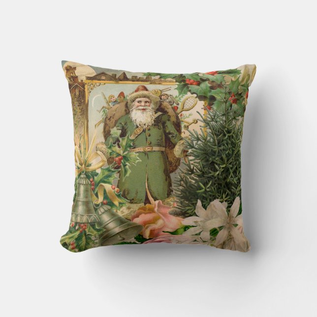 Coussin Collage de Noël Santa Vert Ancien Monde Antique (Recto)