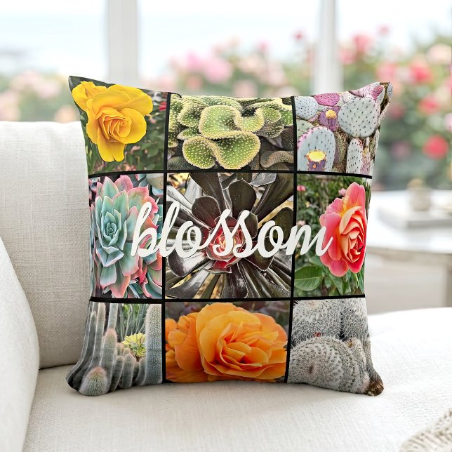 Coussin Collage de photos de cactus de fleurs de rose Scri (Créateur téléchargé)
