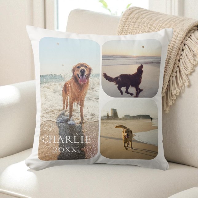 Coussin Collage de photos de compagnie personnalisé simple (Modern SImple Personalized Pet Photo Collage Throw Pillow)