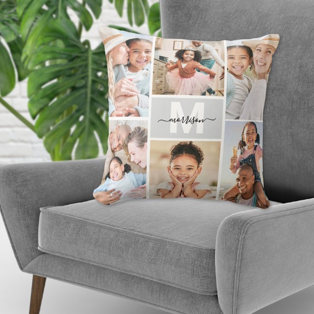 Coussin Collage de photos de famille avec monogramme perso (Custom Monogram Family Photo Collage Throw Pillow)
