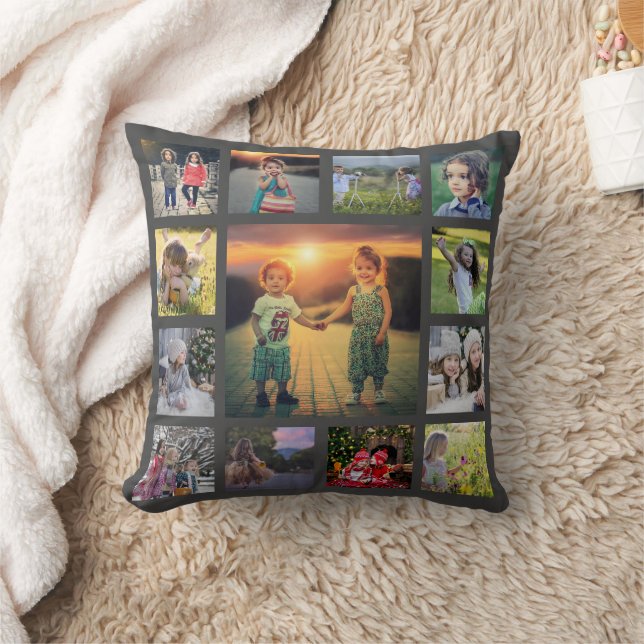 Coussin Collage de photos de famille moderne monogramme no (Couverture)