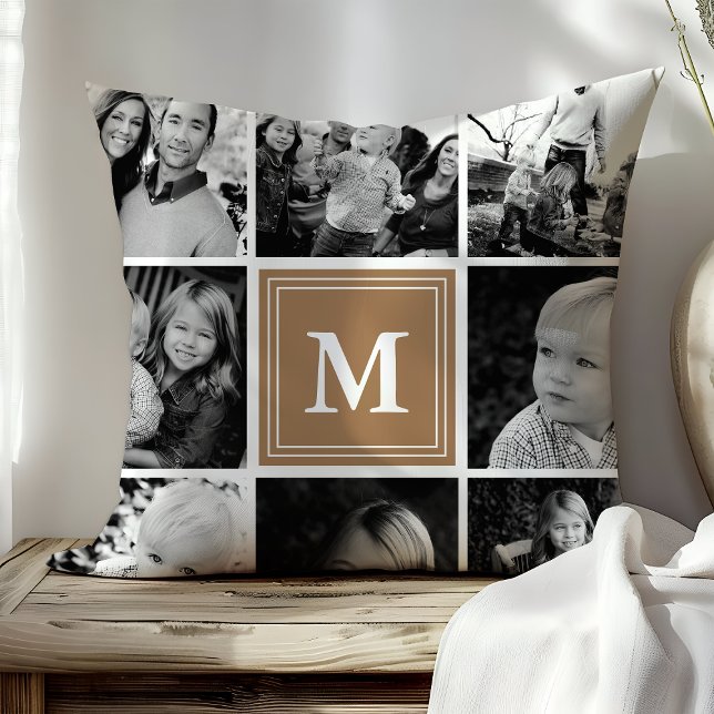 Coussin Collage de photos de famille Monogramme Brun Clair (Créateur téléchargé)