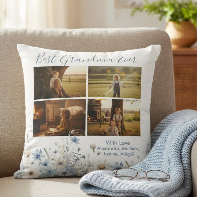 Coussin Collage de photos de grand-mère florale – Cadeau p (Blue floral best grandma photo gift throw pillow)