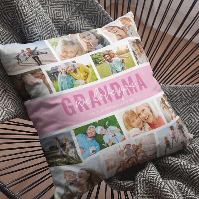 Coussin Collage de photos de grand-mère rose Je t'aime (Créateur téléchargé)