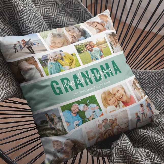 Coussin Collage de photos de grand-mère vert Je t'aime (Créateur téléchargé)