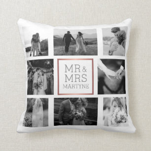 Coussin Collage de photos de mariage M. et Mme. Cadeau sou